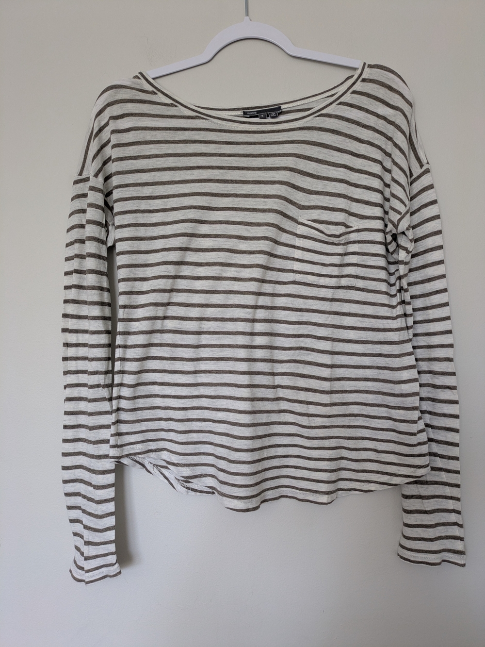 Vince Cream and Brown Striped Long-Sleeve Wide Neck Pocket Tee Sz S